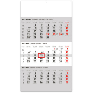 NOTIQUE Nástěnný kalendář 3měsíční standard šedý – s českými jmény 2027, 29,5 x 43 cm