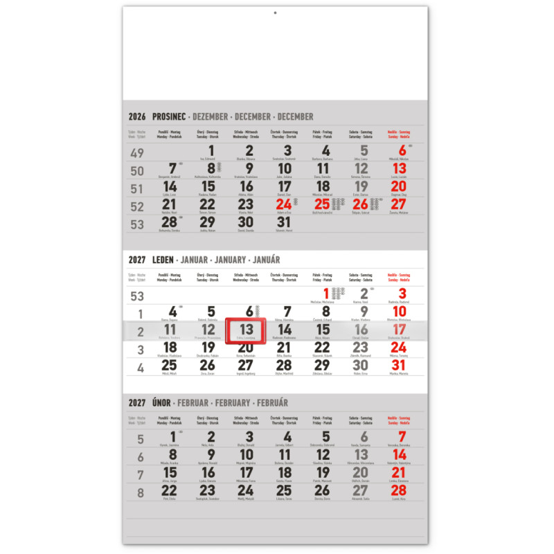 NOTIQUE Nástěnný kalendář 3měsíční standard šedý – s českými jmény 2027, 29,5 x 43 cm