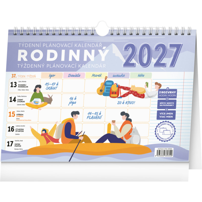 NOTIQUE Týdenní rodinný plánovací kalendář s háčkem 2027, 30 x 21 cm